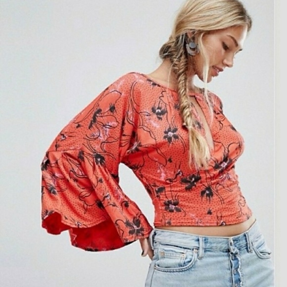 FREE PEOPLE Last Time Orange Floral Boho Faux Wrap Cropped Top Women’s Size XS